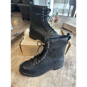 BLACK LEATHER LACE UP SKI HUNT MOUNTAIN BOOTS USA VINTAGE  8 1/2 E